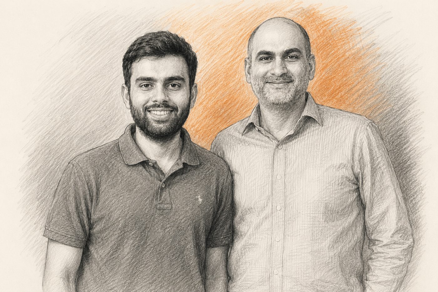 A pencil sketch of Vaibhav and Rishi with an orange halo
